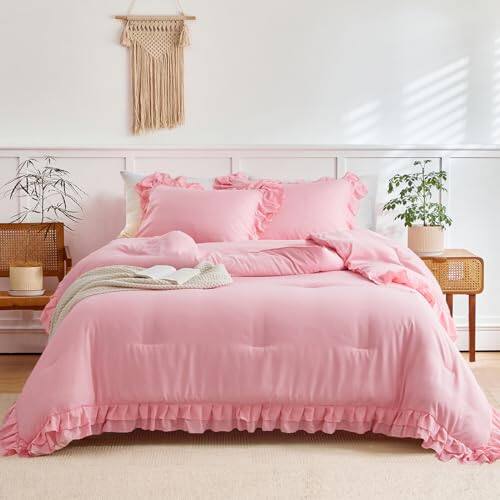 Front. Cedar Assembly - Ruffled Comforter Set Size 3 Pieces 1 And 2 Pillowcases Farmhouse Shabby Chic Style With Layers Ruffle - Pink-Twin (1 Comforter + 2 Pillow Shams).