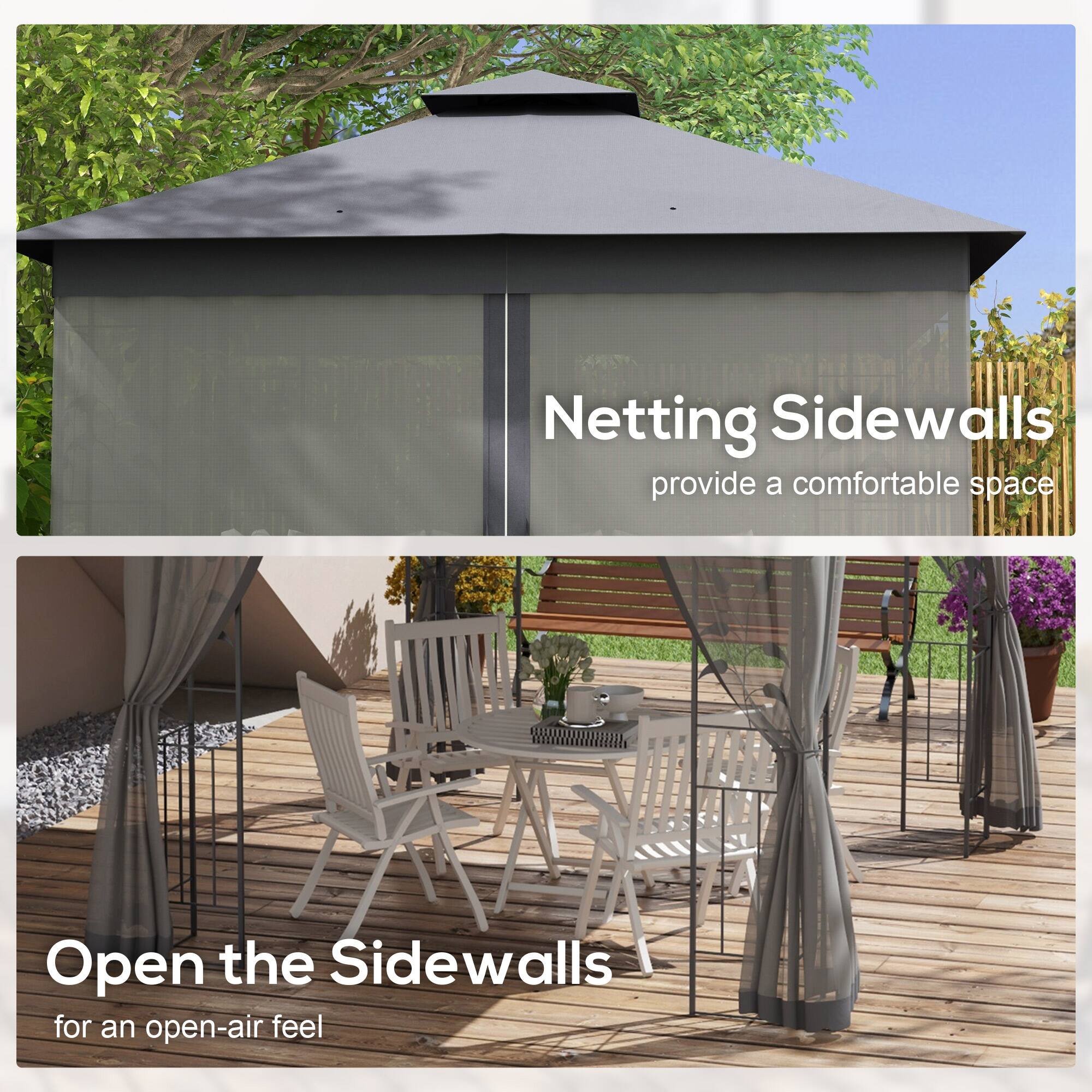 Netting Sidewalls provide a comfortable space. Open the Sidewalls for an open-air feel.