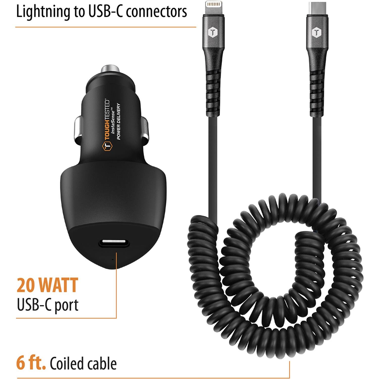Alt View 11. ToughTested - 20W Apple MFi Certified 6' Vehicle Charger - Black.