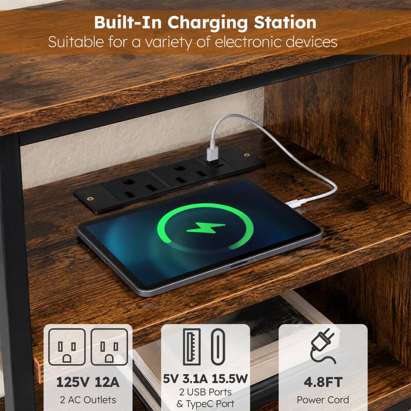 Built-In Charging Station  
Suitable for a variety of electronic devices

125V 12A 2 AC Outlets  
5V 3.1A 15.5W 2 USB Ports & TypeC Port  
4.8FT Power Cord