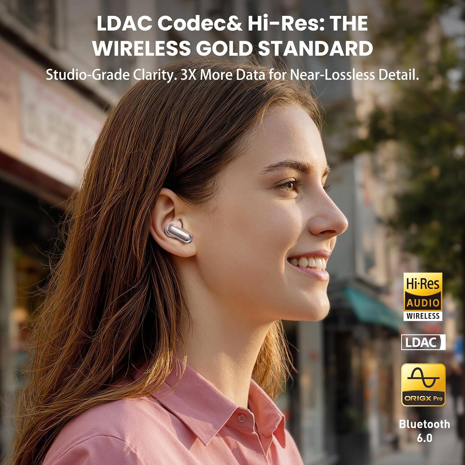 LDAC Codec & Hi-Res: THE WIRELESS GOLD STANDARD  
Studio-Grade Clarity. 3X More Data for Near-Lossless Detail.  

Hi-Res AUDIO WIRELESS  
LDAC  
ORIGX Pro  
Bluetooth 6.0
