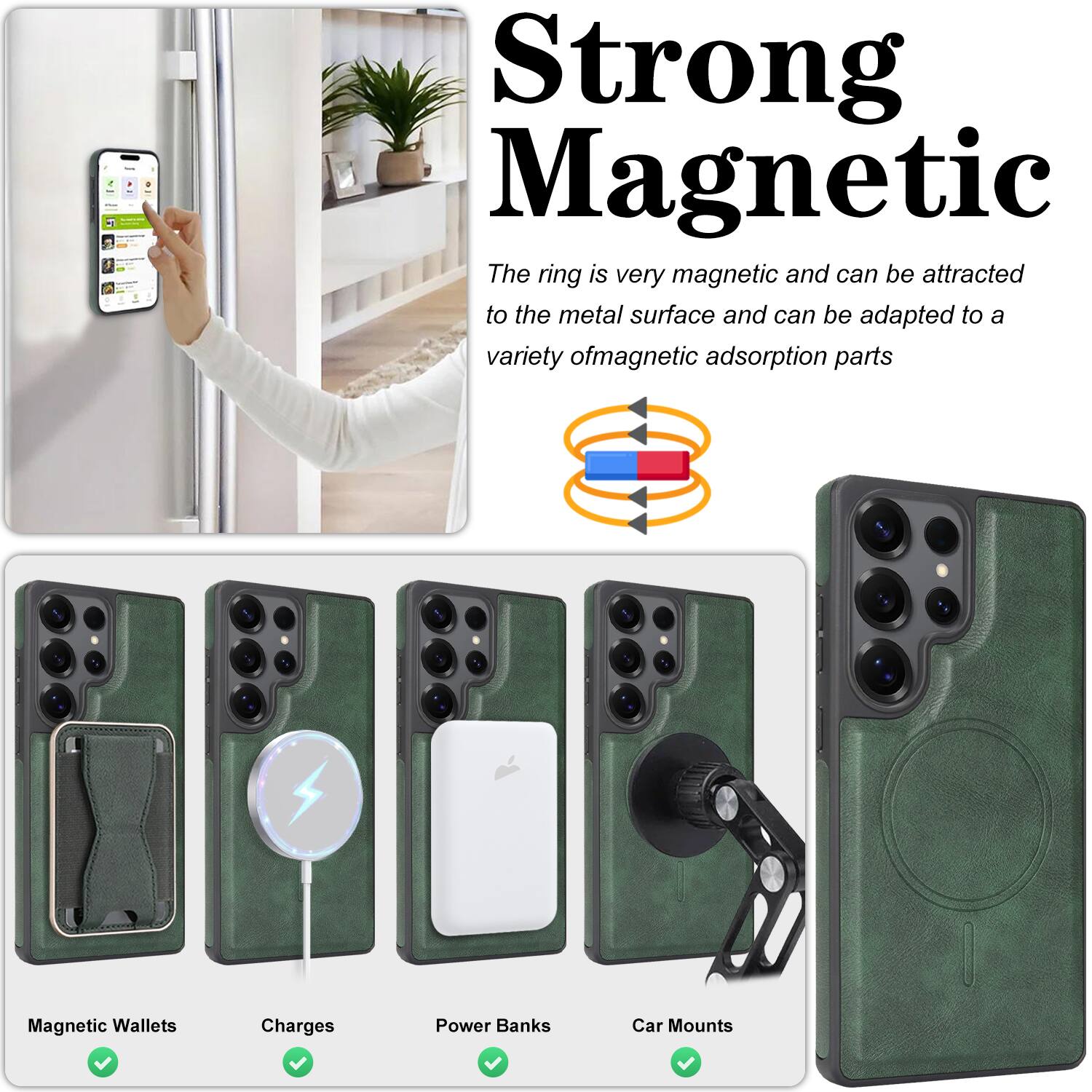 Strong Magnetic  
The ring is very magnetic and can be attracted to the metal surface and can be adapted to a variety of magnetic adsorption parts.

- Magnetic Wallets
- Charges
- Power Banks
- Car Mounts