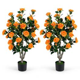 Costway - 39.5" Artificial Camellia Tree Set of 2 with Blossoms for Home Office, Porch - Orange