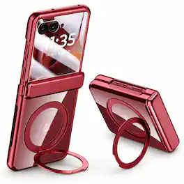 Dteck - for Motorola Razr Ultra 2026/2025 Case with Hinge Protection, Built-in Screen Cover Rotatable Magnetic Ring Stand - Red
