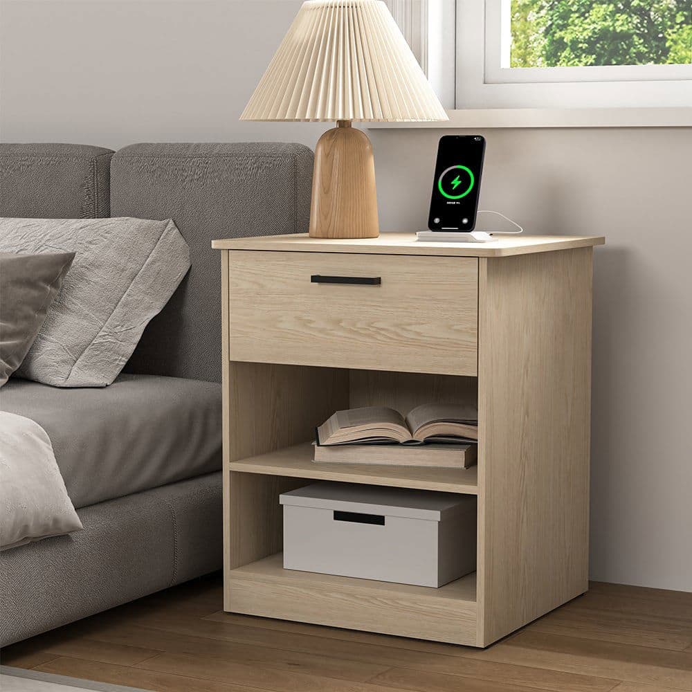 Kadyn - Wood Nightstand With Charging Station, Bedside Table With Wood Drawers And Open Shelf, Bedroom - Light Brown