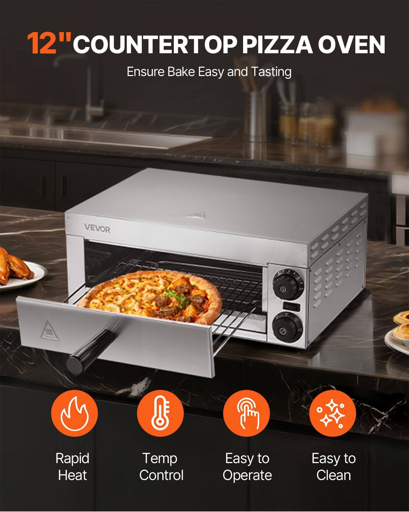 12" COUNTERTOP PIZZA OVEN  
Ensure Bake Easy and Tasting  

VEVOR 201  
Rapid Heat  
Temp Control  
Easy to Operate  
Easy to Clean