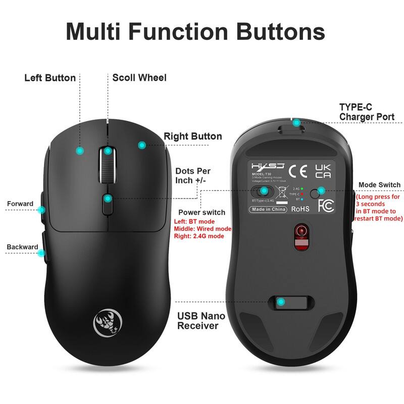 Multi Function Buttons

- Left Button
- Scroll Wheel
- Right Button
- TYPE-C Charger Port
- Forward
- Backward
- Dots Per Inch +/-

Power switch
- Left: BT mode
- Middle: Wired mode
- Right: 2.4G mode

Mode Switch (Long press for 3 seconds in BT mode to restart BT mode)

USB Nano Receiver

HiS3 UK MODEL130 SVN Camina CE CA VnteOotent

The 3.40 TY ST /Ty04/2.45 Made in China RoHS FC

Mode Switch
- Fired mode
- 2.4G mode

Made in China
RoHS
HC
