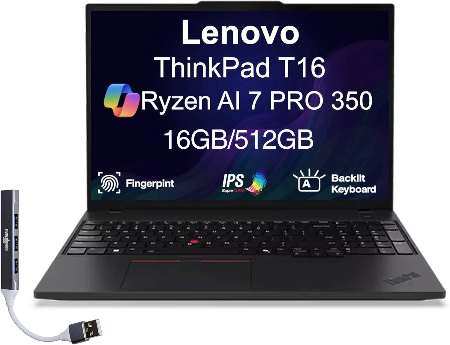 Lenovo - Upgraded - ThinkPad T16 Laptop 16.0 WUXGA Display (Ryzen AI 7 PRO 350, 16GB, 512GB SSD, Win 11 Pro) w/USB Hub - Black