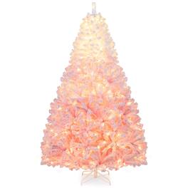 Costway - 7 FT Artificial Christmas Tree with 350 Warm White LED Lights, 8 Lighting Modes & Folding Metal Stand - Pink+White