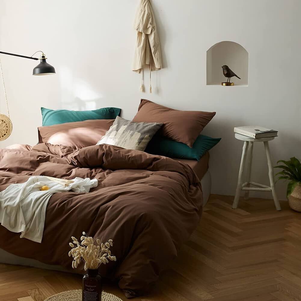 Back. Cedar Assembly - Duvet Cover Solid Mocha Coffee Color Bedding 3 Pieces Minimalist Soft Microfiber Comforter With Zipper Ties - Brown-Queen.