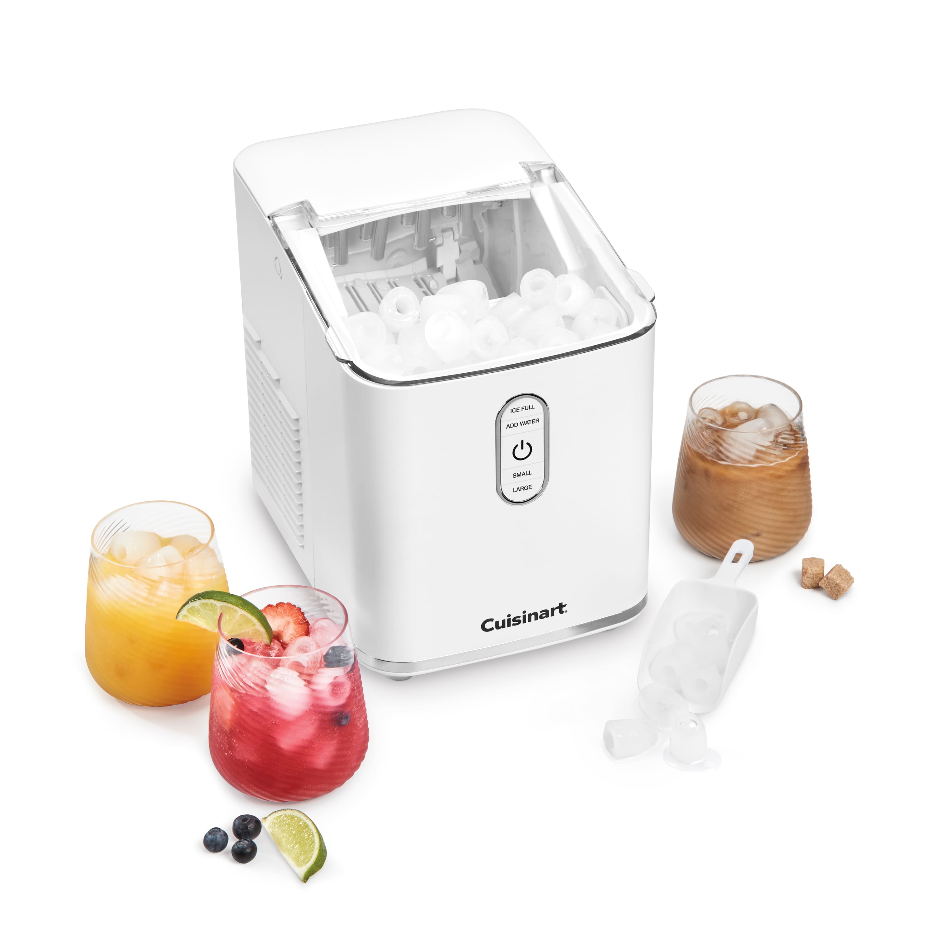 Cuisinart is a company that makes kitchen appliances, including a small ice maker and a drink mixer. The image shows a Cuisinart ice maker with a pitcher of ice and a glass of punch. The ice maker is filled with ice and is ready to make more. There are also several cups and a pitcher of punch nearby.