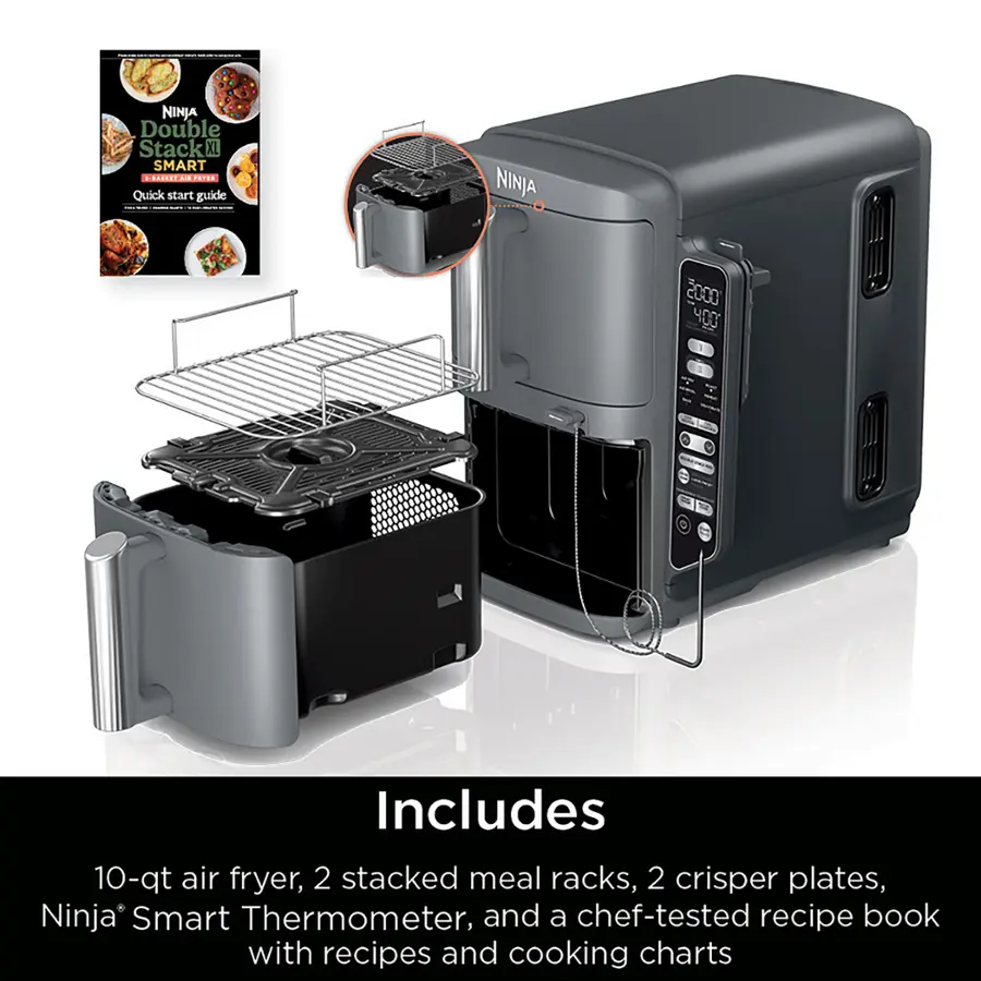 Ninja Double Stack XL Smart Countertop Oven Quick Start Guide Ninja 200 400 Includes 10-qt air fryer, 2 stacked meal racks, 2 crisper plates, Ninja Smart Thermometer, and a chef-tested recipe book with recipes and cooking charts.