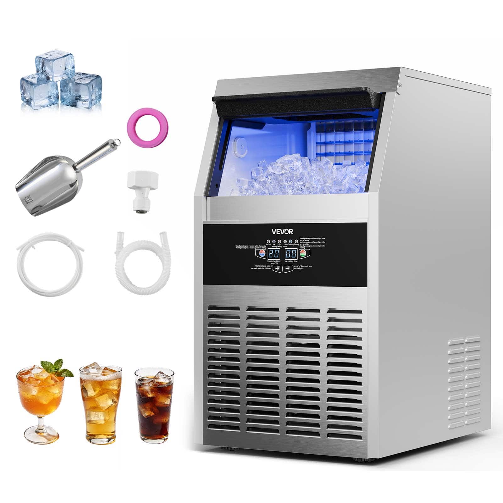 VEVOR - Commercial Ice Maker Machine, 160 lbs/24h with 30 lbs Storage Capacity, Built-in/Freestanding/Under Counter - Stainless steel color