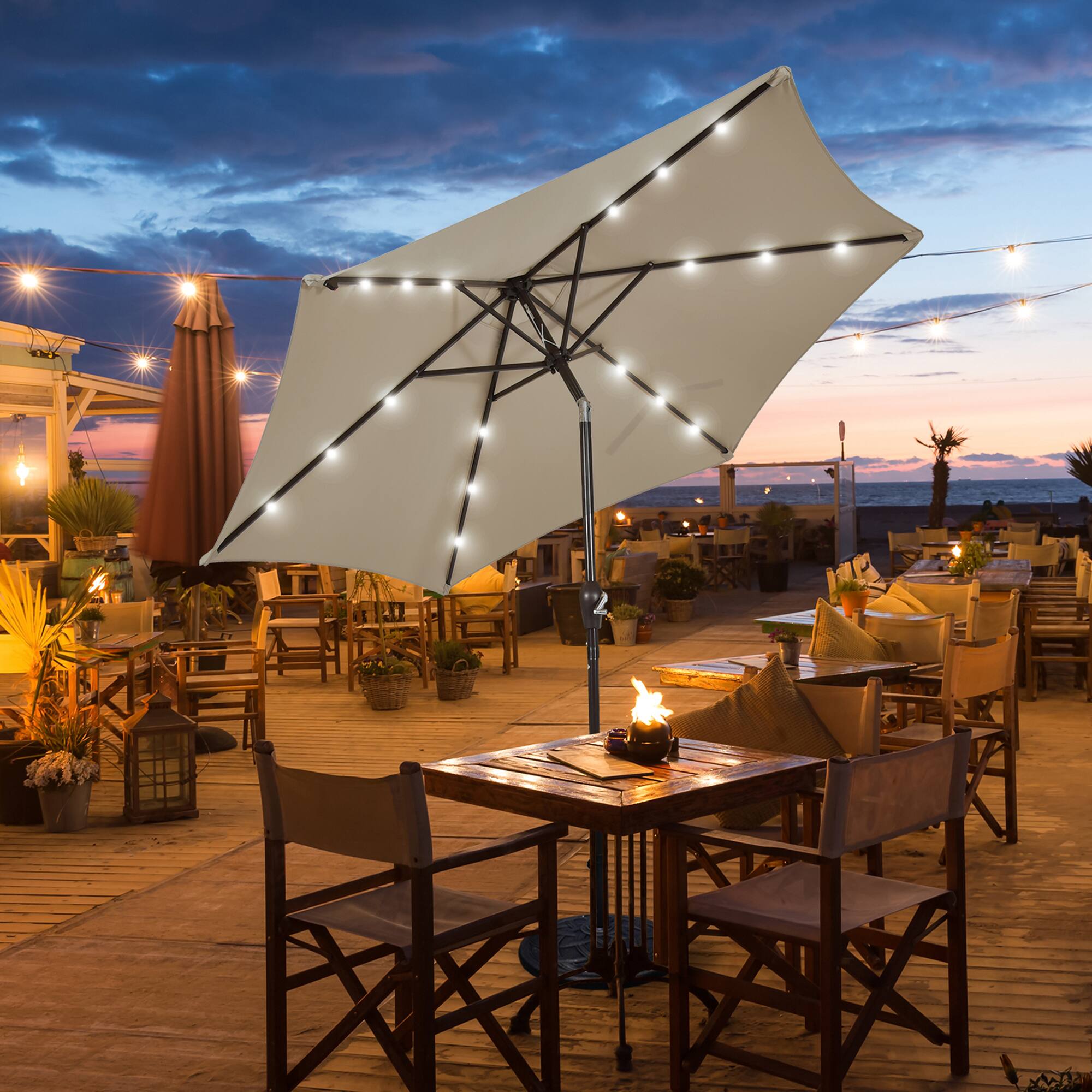 Gymax - 9 ft Patio Table Market Umbrella Yard Outdoor w/ Solar LED Lights - Tan