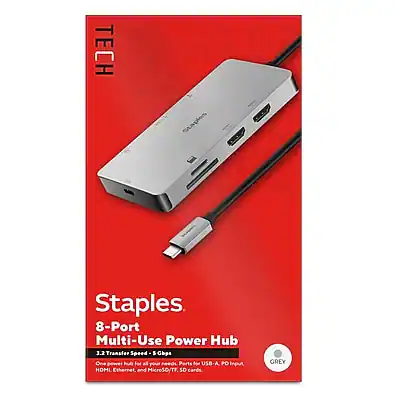 Staples
8-Port Multi-Use Power Hub
3.2 Transfer Speed
5 Gbps
One power hub for all your needs
Parts for USB-A, USB-C, HDMI, Ethernet, and MicroSD/TF SD cards
GREY