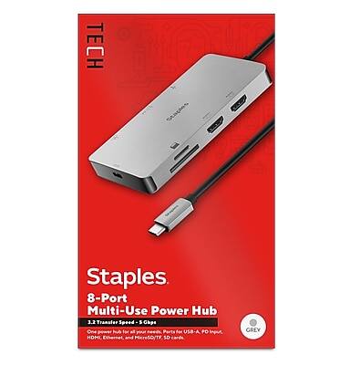 Staples  
8-Port Multi-Use Power Hub  

3.2 Transfer Speed  
5 Gbps  

One power hub for all your needs  
Parts for USB-A, USB-C, HDMI, Ethernet, and MicroSD/TF SD cards  

GREY
