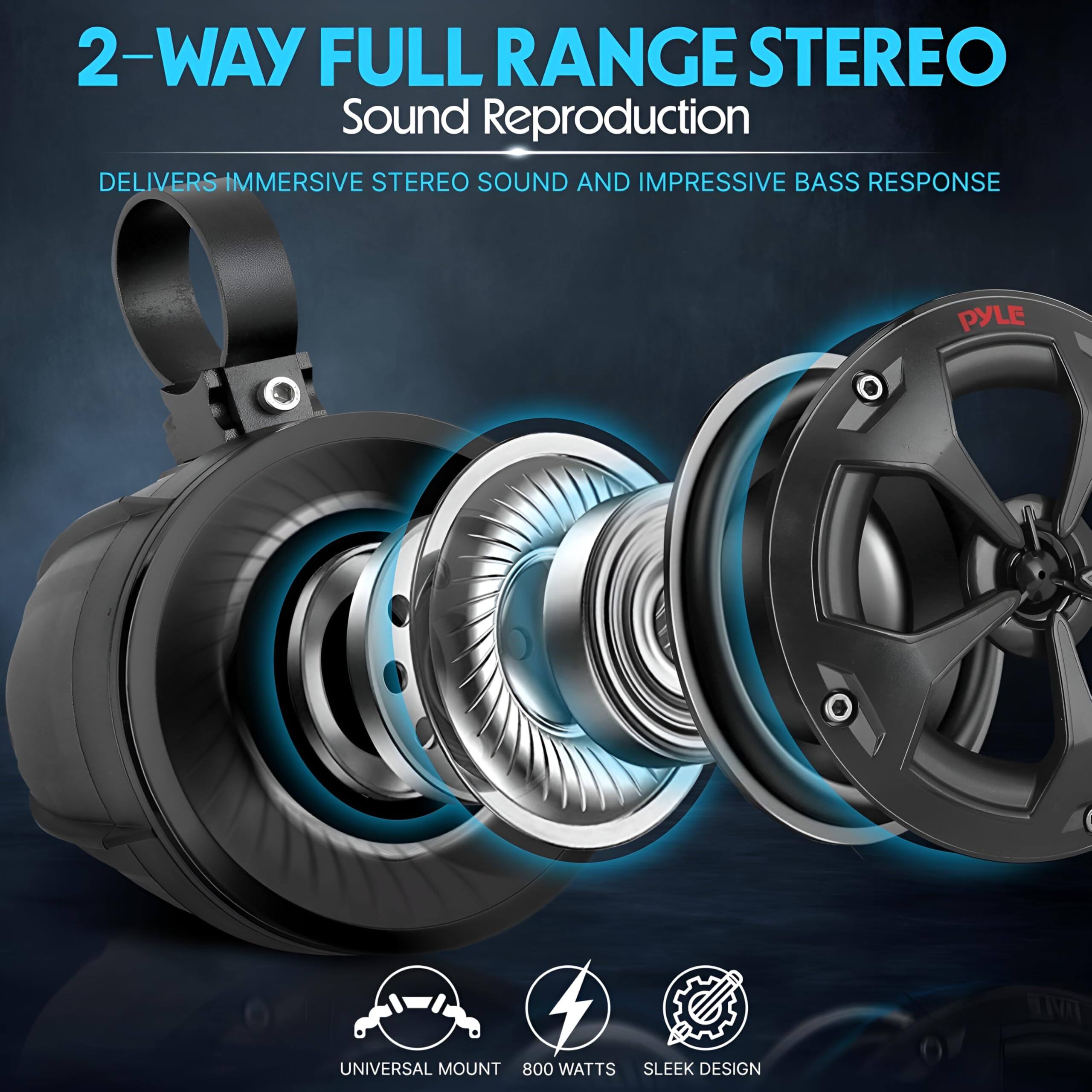 2-WAY FULL RANGE STEREO  
Sound Reproduction  

DELIVERS IMMERSIVE STEREO SOUND AND IMPRESSIVE BASS RESPONSE  

PYLE UNIVERSAL MOUNT  
800 WATTS  
SLEEK DESIGN