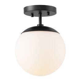 Jonathan Y - Marcel Bistro 7.75" 1-Light Bohemian Farmhouse Iron/Frosted Glass LED Semi Flush Mount - Black/White