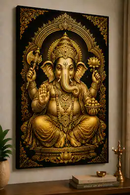 FC Design - Large Black and Golden Color Ganesha Canvas Print 24x36" Luxury Hindu Mandala Art Painting Home Wall Decor - MultiColor