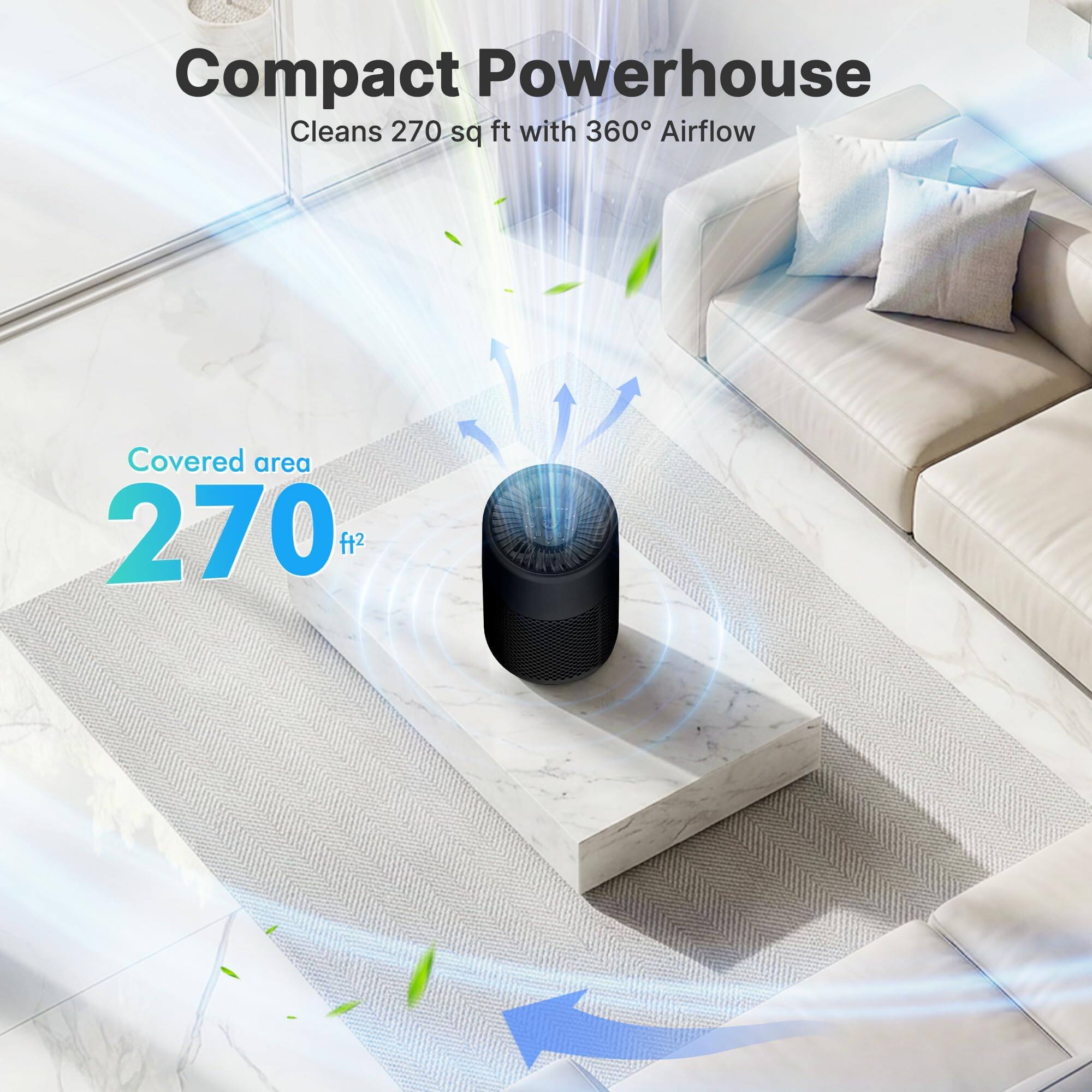 Compact Powerhouse  
Cleans 270 sq ft with 360° Airflow  

Covered area  
270 ft²