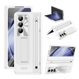 Dteck - For Samsung Galaxy Z Fold 6 Case Rugged Full Body Built-in Screen Protector Hinge Protection Invisible Kickstand+Stylus - White