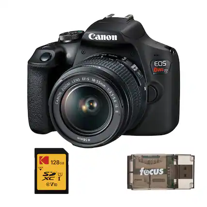 Canon EOS REBEL T7 18-55mm 1:3.5-5.6 IS II EF-S ZOOM LENS CANON 58mm 128GB LOCK SP U XC I C V10 3 focus