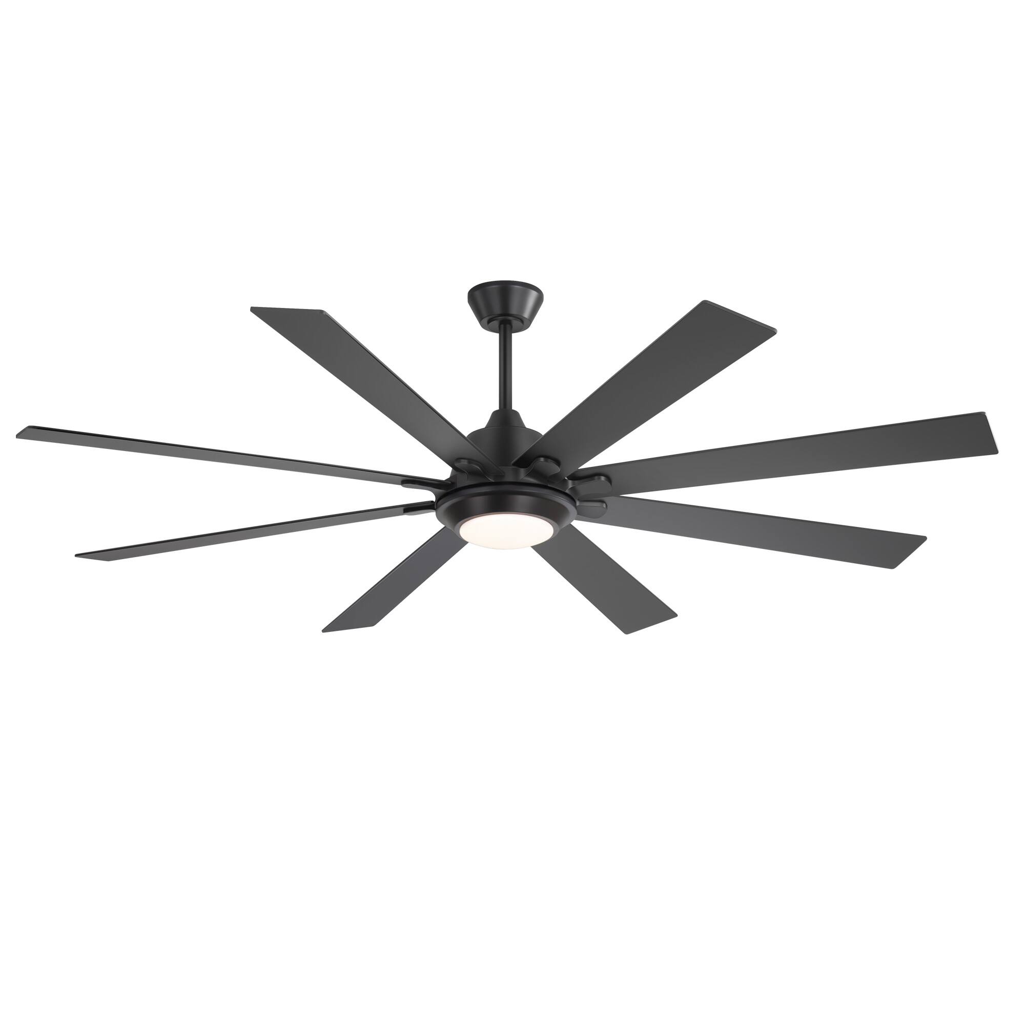 Angle. Breezary - 72-Inch Ceiling Fan with 8 Dual-Finish Plywood Blades, 3-Color Light, 6-Speed DC Motor with Remote & Memory - Matte Black and Dark Wood Grain.