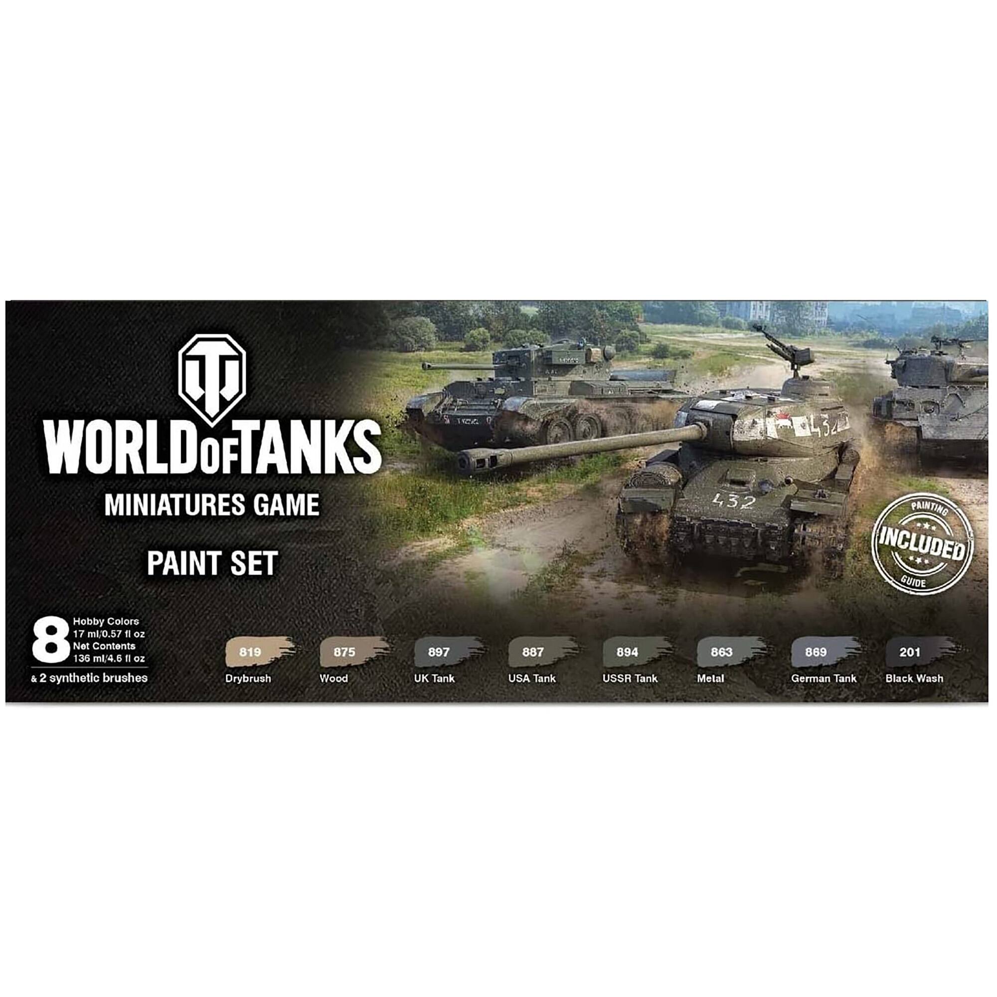 World of Tanks Miniatures Game Paint Set. This set includes 17 ml of paint in various colors, 8 synthetic brushes, and 2 drybrushes. The paint set is designed for painting miniature tanks and is suitable for use with the World of Tanks Miniatures Game. The set also includes a painting guide and is suitable for use with the UK, USA, and USSR tanks. The paint set is made by Hobby Colors and is of high quality.