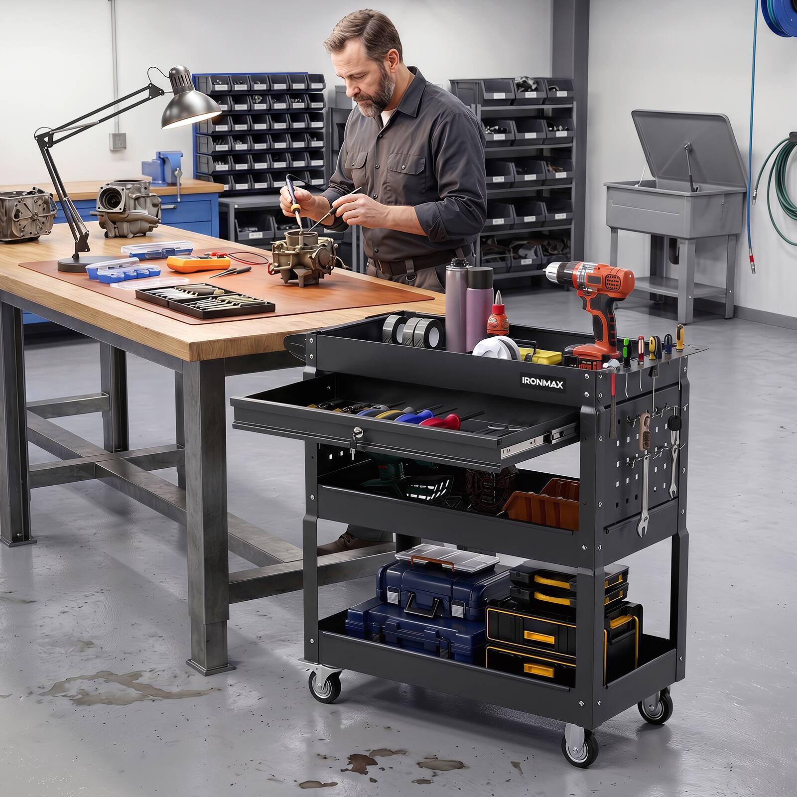 Alt View 4. Costway - Costway 3 Tier Rolling Tool Cart with Lockable Drawer, Pegboards & Hooks for Garage - Black.
