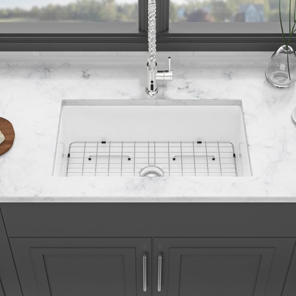 Left. JUJABU - 32"x19"x10" Undermount Single Bowl Porcelain Fireclay Kitchen Sink - White.