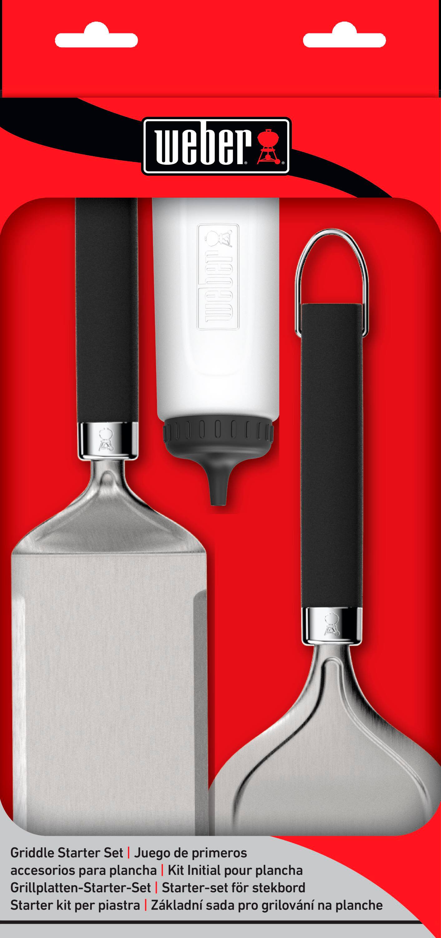 The text on the image is in Spanish, so I will provide a corrected version in Spanish:
"Weber Griddle Starter Set: Juego de primeros accesorios para plancha | Kit Initial pour plancha Grillplatten-Starter-Set I Starter-set fr stekbord Starter kit per piastra | Zkladn sada pro grilovn na planche"
This text is a description of a Weber griddle starter set, which includes a griddle and various accessories. The text is written in Spanish and is displayed on a red background.