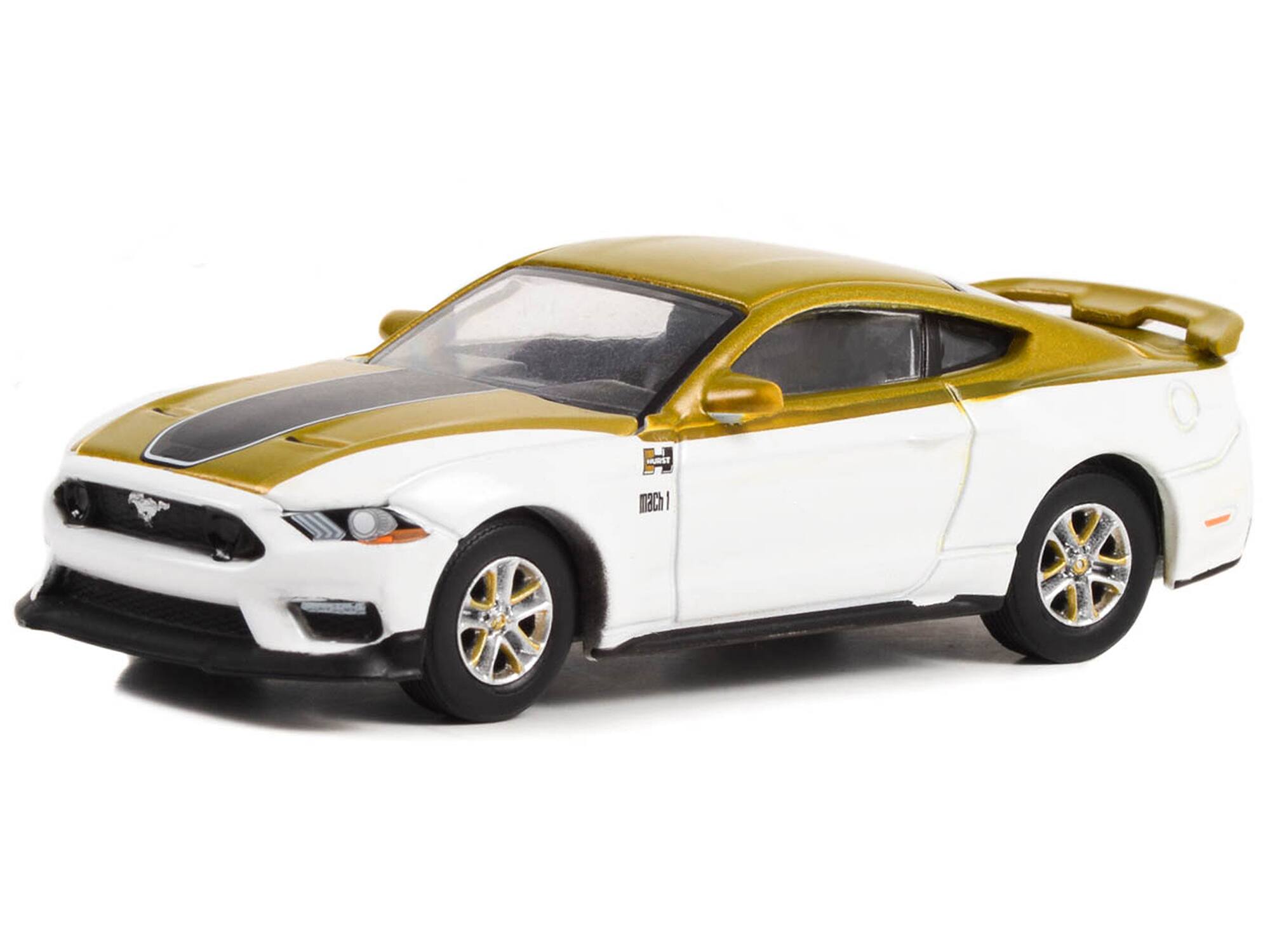 Alt View 1. Greenlight - 2021 Ford Mustang Mach 1 White & Gold w/Black Stripe "Hurst Performance" "Running on Empty" 1/64 Model Car by Greenlight.