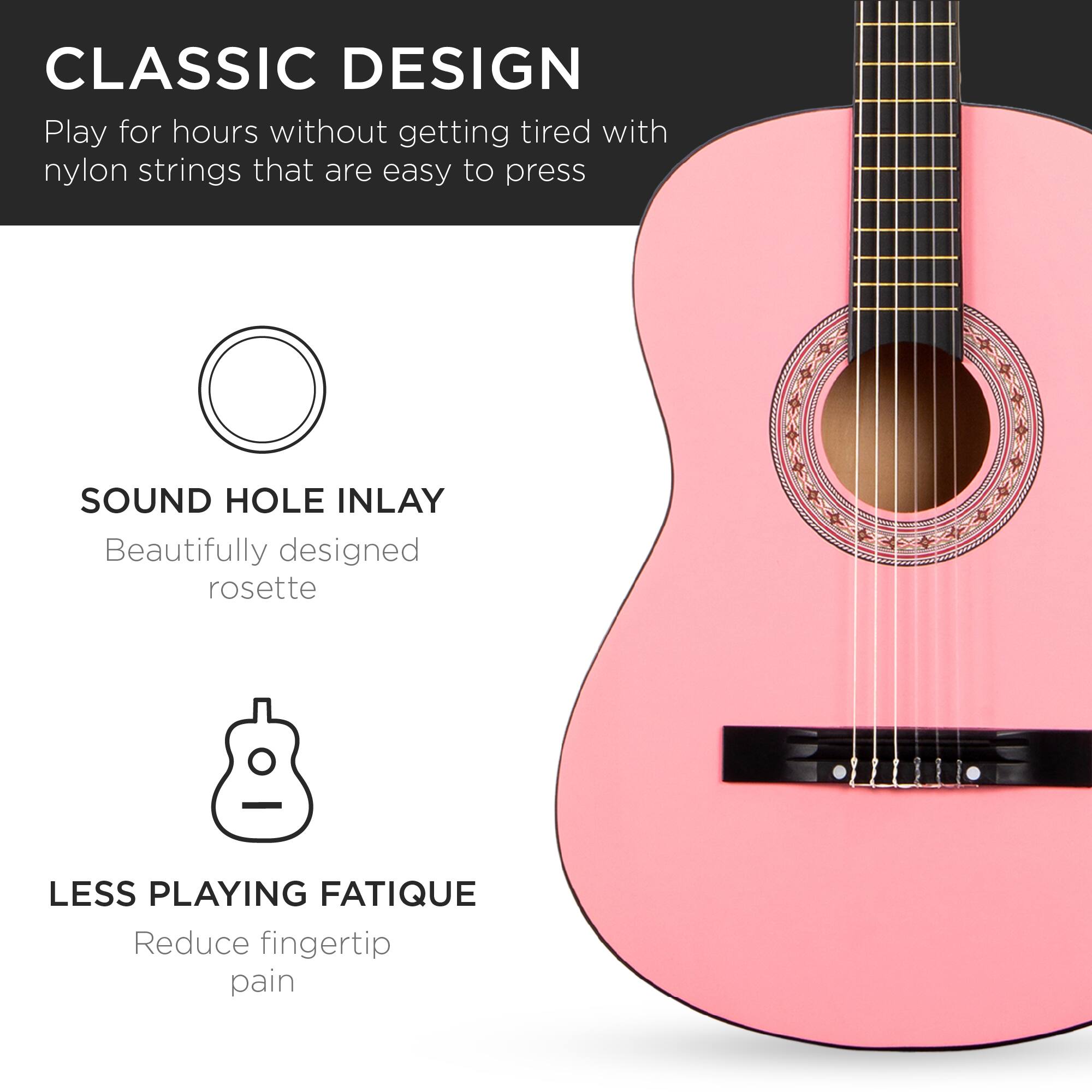 **CLASSIC DESIGN**  
Play for hours without getting tired with nylon strings that are easy to press

**SOUND HOLE INLAY**  
Beautifully designed rosette

**LESS PLAYING FATIGUE**  
Reduce fingertip pain