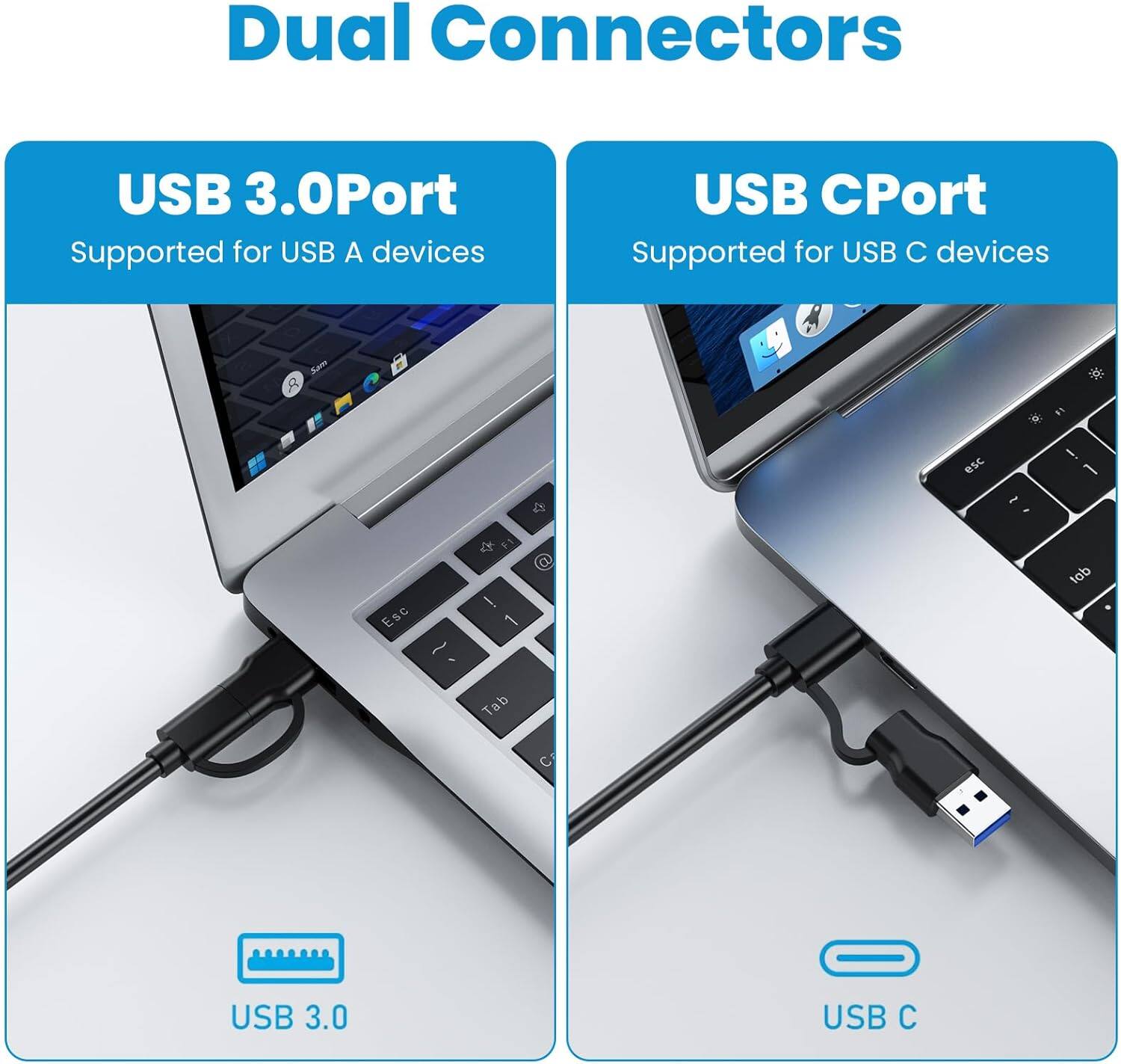 Dual Connectors

USB 3.0 Port
Supported for USB A devices

USB C Port
Supported for USB C devices
