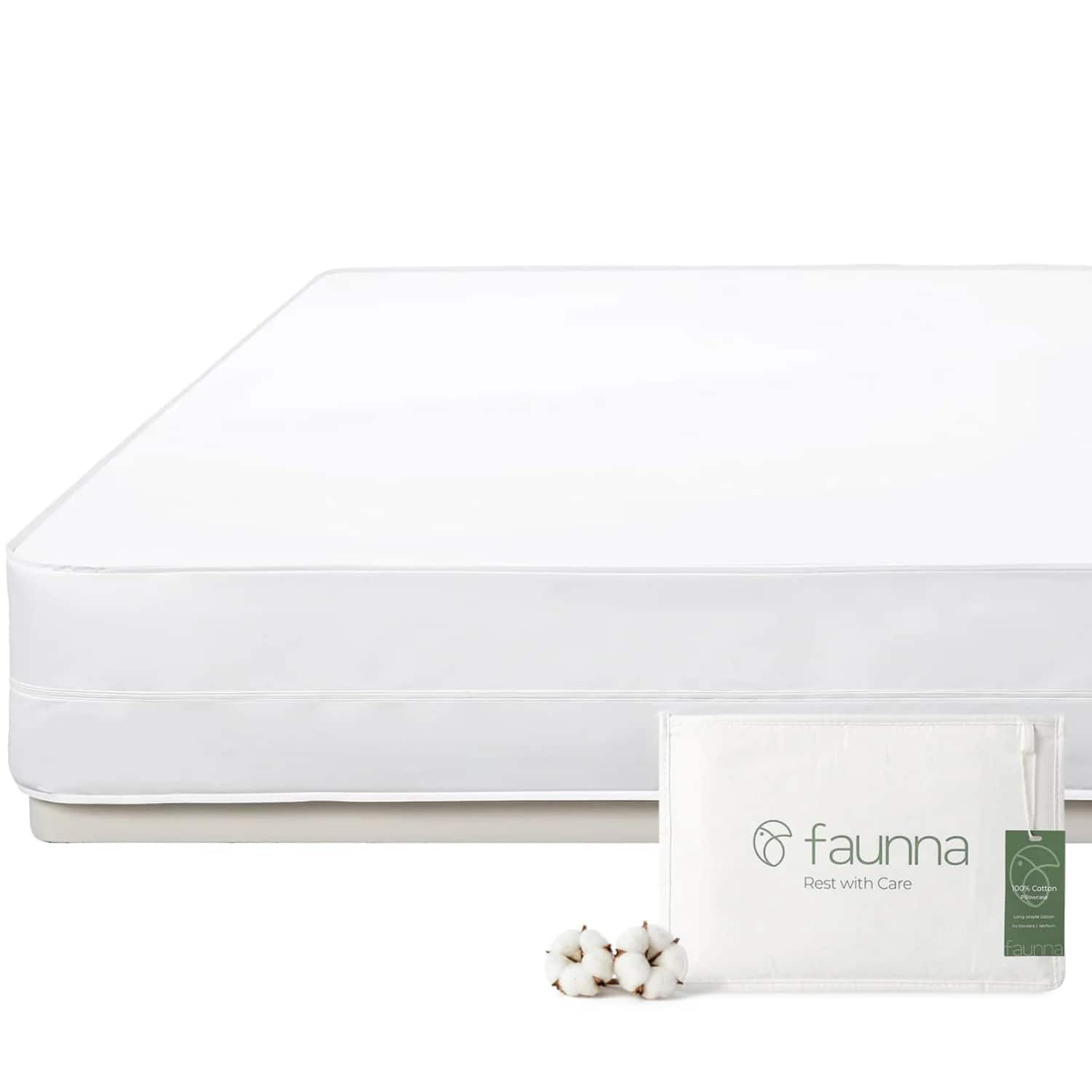 FAUNNA - Zippered Mattress Encasement, 100% Cotton Dust Mite Proof Mattress Protector, Six-Sided Cover (Queen 12" Deep) - White