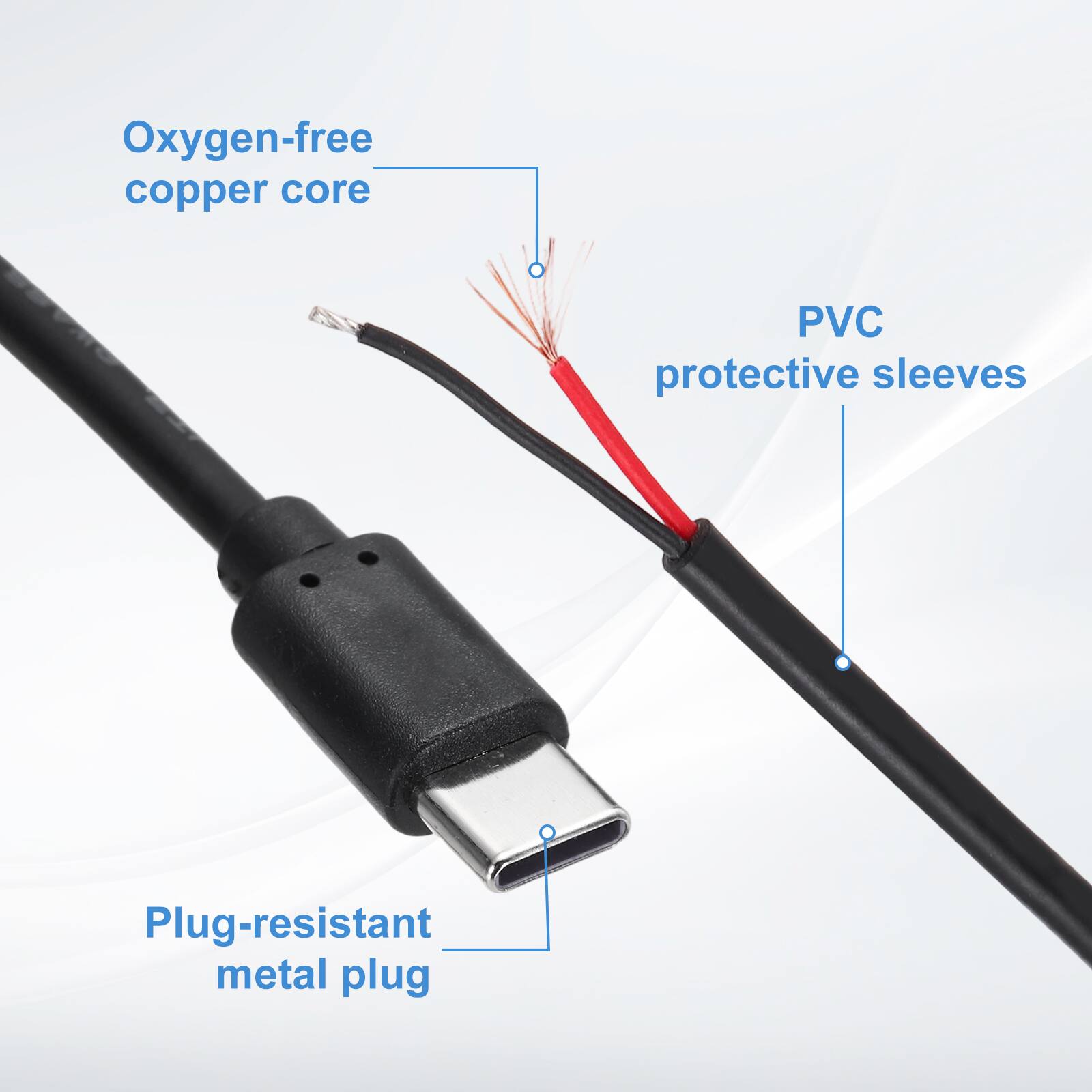 Oxygen-free copper core  
PVC protective sleeves  
Plug-resistant metal plug