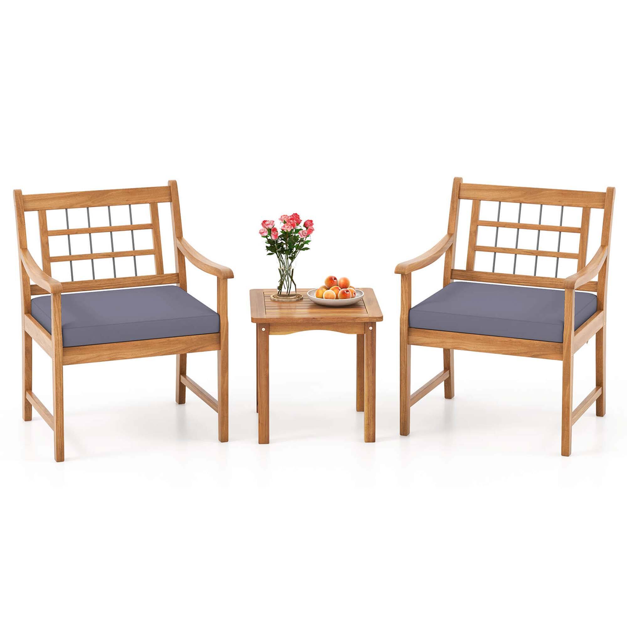 Front. Costway - 3 PCS Acacia Wood Patio Bistro Set Outdoor Chairs with Coffee Table for Porch - Gray.