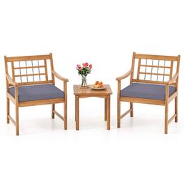 Costway - 3 PCS Acacia Wood Patio Bistro Set Outdoor Chairs with Coffee Table for Porch - Gray