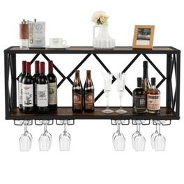 Hivvago - Industrial Wood Metal Wall Mounted Wine Rack Shelf - Rustic Brown