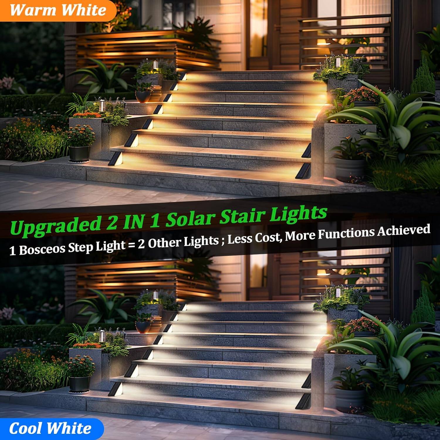Warm White

Upgraded 2 IN 1 Solar Stair Lights
1 Bosceos Step Light = 2 Other Lights; Less Cost, More Functions Achieved

Cool White