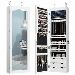 Gymax - Lockable Wall Door Mounted Jewelry Cabinet LED Mirror - White