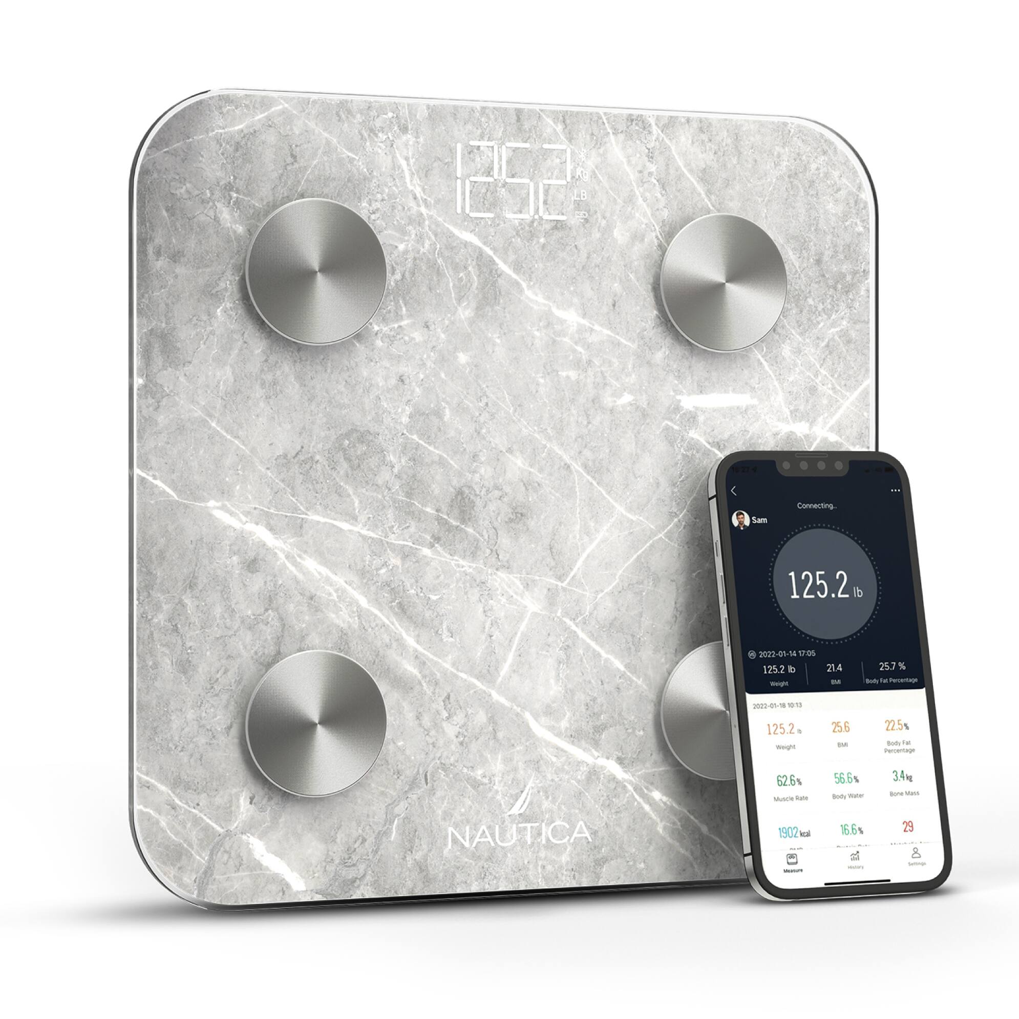 The image features a Nautica scale, which is a weight-loss device. The scale is placed on a marble surface, and a smartphone is positioned next to it. The smartphone displays the user's weight and progress, along with a graph showing the user's weight loss journey. The device is designed to help users track their weight and monitor their progress towards their weight loss goals.