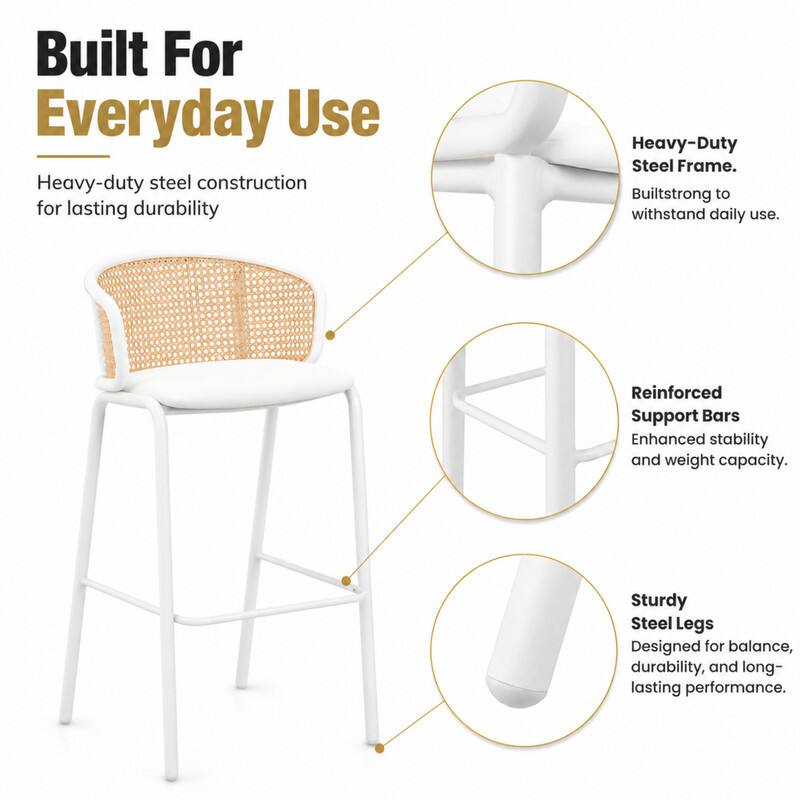 LeisureMod Ervilla Mid Century Modern Wicker Bar Stool, Fabric Seat ...