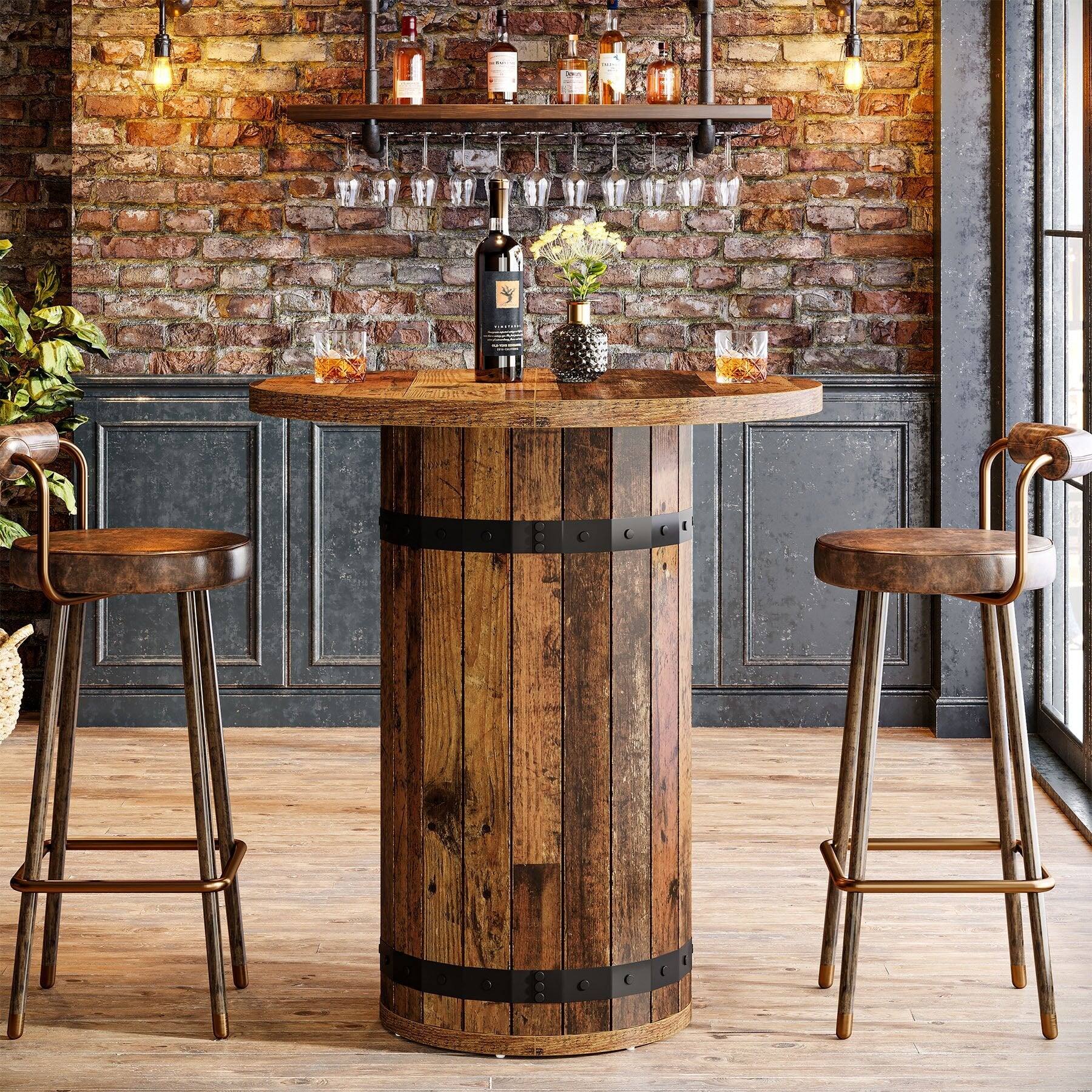 Front. Tribesigns - Bar Table with Engineered Wood Construction, Space-Saving Design and Round Top for Kitchen - Brown.