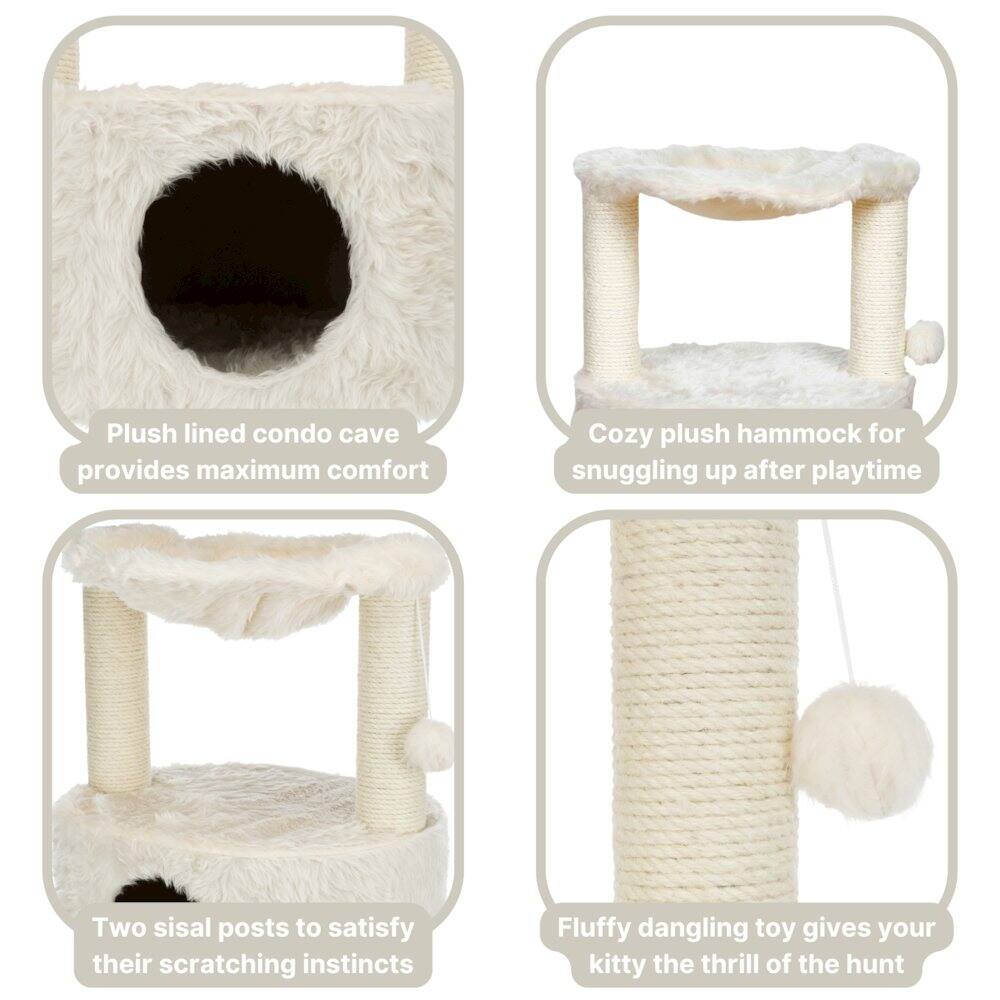 Plush lined condo cave provides maximum comfort  
Cozy plush hammock for snuggling up after playtime  
Two sisal posts to satisfy their scratching instincts  
Fluffy dangling toy gives your kitty the thrill of the hunt