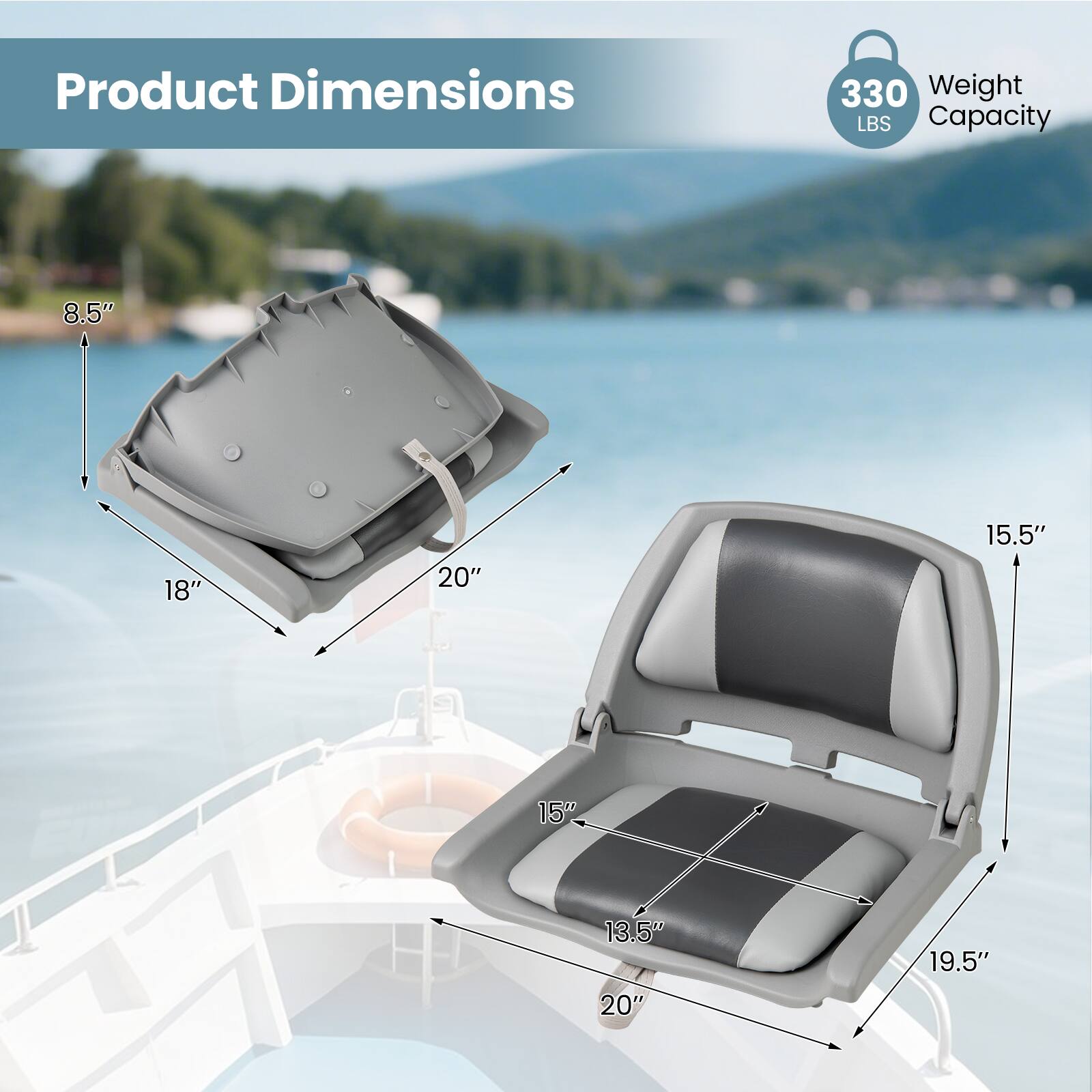 Product Dimensions: 8.5" x 18" x 20"  
Weight Capacity: 330 LBS  
Dimensions: 15.5" x 13.5" x 19.5" x 20"