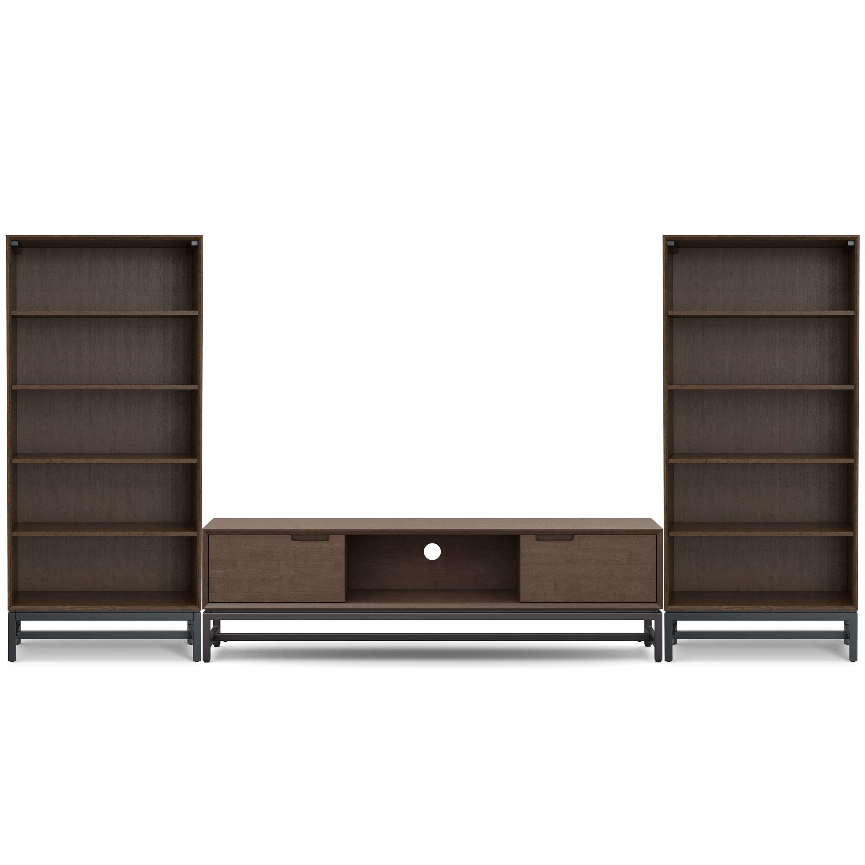 Simpli Home - Banting 72 inch Low TV Stand with 30 inch Bookcases (Set of 3) - Walnut Brown