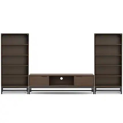 Front. Simpli Home - Banting 72 inch Low TV Stand with 30 inch Bookcases (Set of 3) - Walnut Brown.