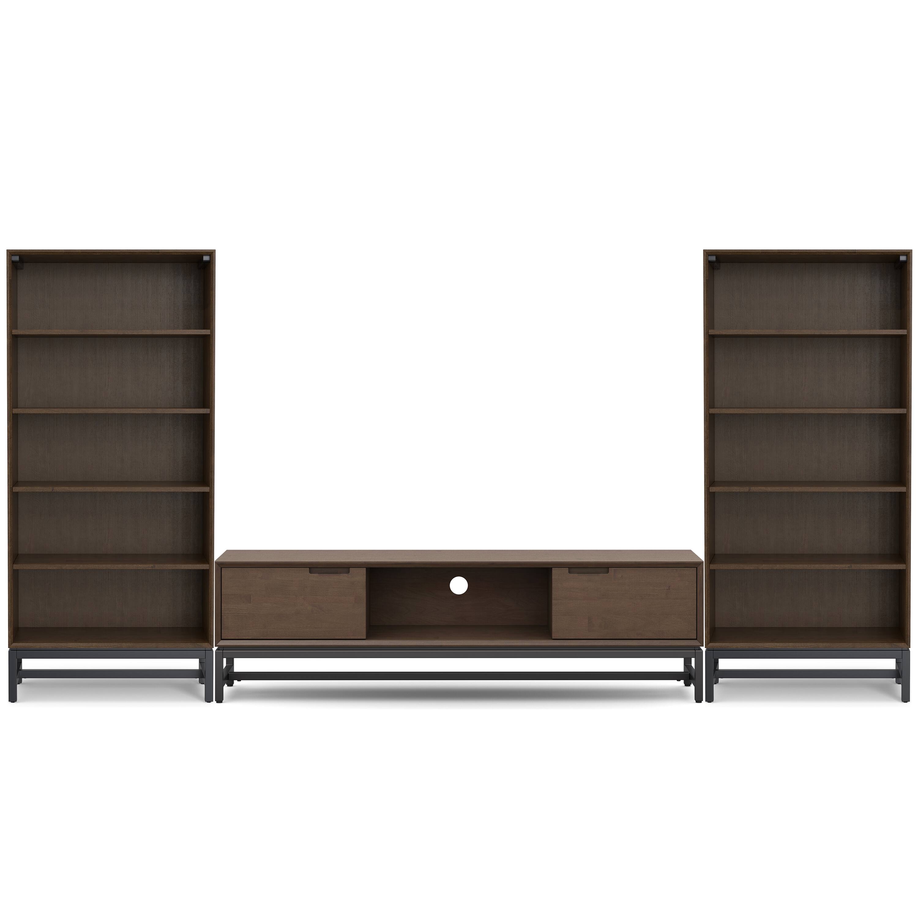 Front. Simpli Home - Banting 72 inch Low TV Stand with 30 inch Bookcases (Set of 3) - Walnut Brown.