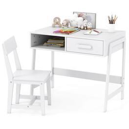 Costway - Kids Desk and Chair Set with Storage Drawer and Hutch, Student Writing Desk Set - White